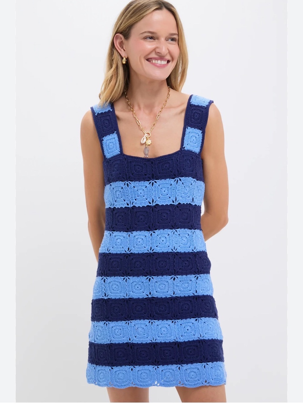 Tuckernuck Cornflower Crochet Striped Crochet Mini Dress in Navy and Sky Blue XS